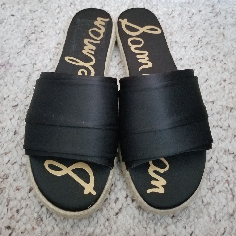 Sam Edelman black satin slip on sandals hemp sole
